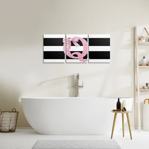 Vista 5 de Erosebridal Lienzo decorativo con monograma de 12 x 16 pulgadas, diseño de letra inicial de lazo rosa, decoración de pared, rayas blancas y negras