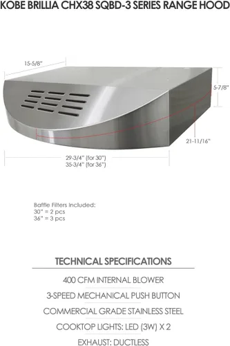 Vista 4 de KOBE CHX3830SQBD-3 Brillia Campana extractora bajo gabinete sin conductos de 30 pulgadas, 3 velocidades, 400 CFM, luces LED, filtros deflectores
