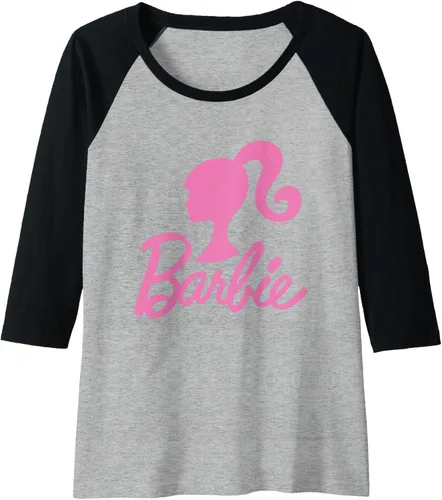 Vista 10 de Barbie - Camiseta de béisbol raglán raglán con logotipo rosa de Barbie, Negro - Negro/Blanco