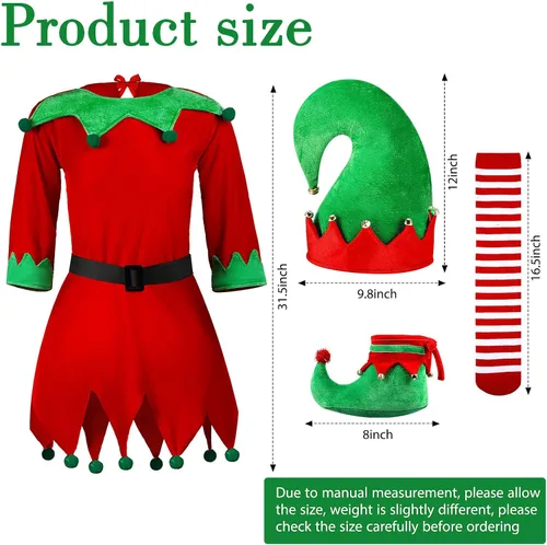 Vista 2 de Syhood 4Pcs Girl Christmas Elf Costume Santa's Helper Costume Elf Outfit Dress with Elf Hat Shoes Belt Striped Stocking