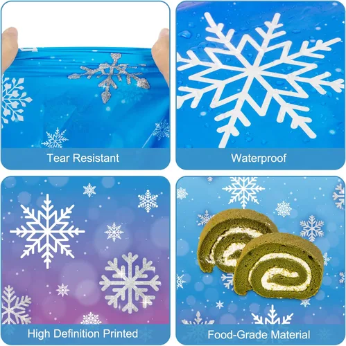 Vista 5 de 3 manteles de invierno con copos de nieve – Mantel de plástico de Frozen Wonderland desechable, rectangular, copos de nieve para suministros