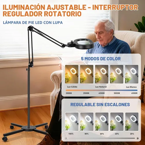 Vista 5 de Lupa de piso con luz, base estable de 4 ruedas, 12X Negro