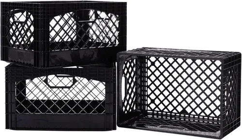Vista 7 de Caja rectangular de plástico para almacenamiento tipo crate para leche con asas, organizador apilable de 24 cuartos de galón para garaje, hogar