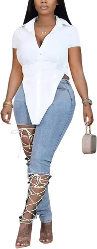 Vista 2 de LYANER Blusa de manga corta con cuello en V y botones en la parte delantera para mujer
