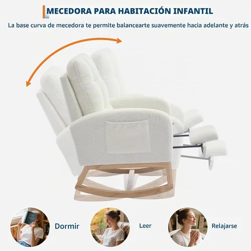 Vista 3 de Garvee Silla mecedora moderna para guardería, cómoda silla mecedora con bolsillo lateral y reposapiés, respaldo alto reclinable para sala