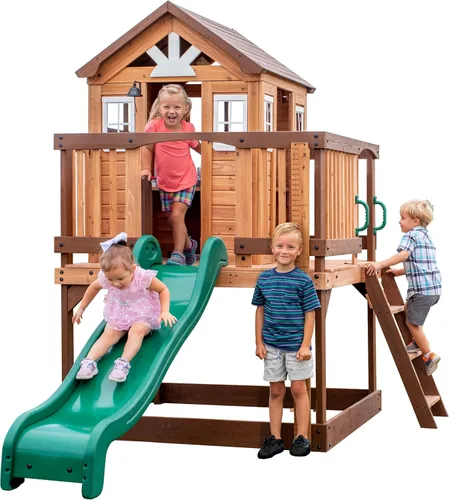 Vista 10 de Backyard Discovery Beacon Heights - Casa de juegos elevada de madera de cedro para niños con tobogán ondulado, cocina de juegos, cubierta