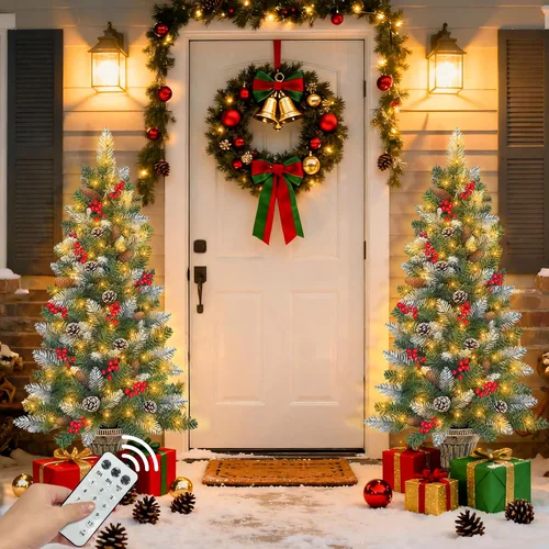 Vista 4 de Paquete de 2 árboles de entrada de Navidad nevados para exteriores de 4 pies en base de maceta con temporizador remoto, 80 luces blancas cálidas
