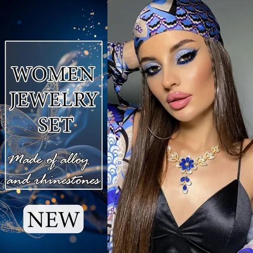 Vista 2 de Gold Blue Jewelry Set Diamond Black Flower Teardrop Necklace Earrings Rhinestone Crystal Wedding Prom Formal Trendy Jewelry Accessories for Brides