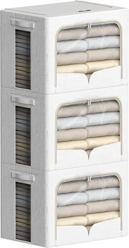 Vista 10 de FHSQX Paquete de 3 contenedores de almacenamiento de ropa plegables con marco de metal, caja de almacenamiento apilable, organizador de tela de lino