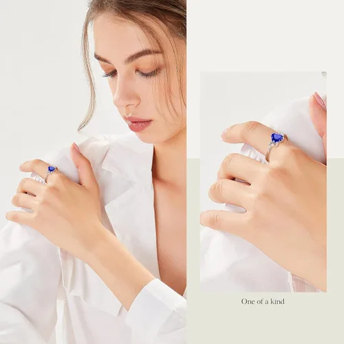 Vista 6 de BONLAVIE Anillo de compromiso de plata de ley 925 para mujer, 2.25 quilates, creado con zafiro azul, talla esmeralda verde, anillo de compromiso