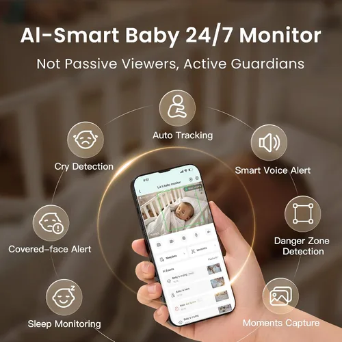 Vista 2 de Monai Baby Monitor with Camera and Audio, 3K UHD, 6X Zoom, WiFi Video Monitor for Room or Travel, Pan 350° Tilt 65°, AI Cry Detection, Virtual