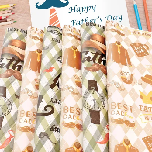 Vista 4 de Papel de regalo para el día del padre, 6 hojas de papel de regalo para hombres y papá, papel de regalo de estraza con bigote jazz sombrero traje