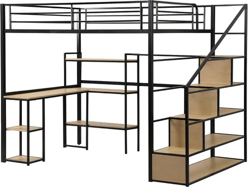 Vista 4 de SOFTSEA Cama alta de metal de tamaño matrimonial con escritorio y estantes, cama alta resistente con escalera y área de estudio para niños, marco