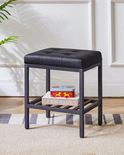 Vista 2 de IBUYKE Taburete de maquillaje rectangular con pies ajustables y espacio de almacenamiento, silla reposapiés, asiento de tocador de PU, multiusos