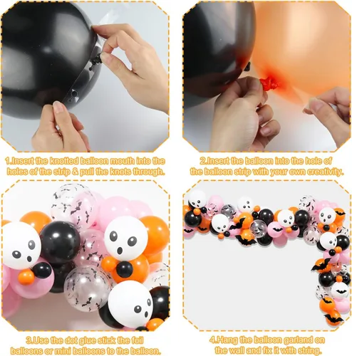 Vista 4 de Kit de guirnalda de arco de globos de Halloween, arco de globos de Halloween rosa, negro y naranja con globos de aluminio BOO, globos de calavera