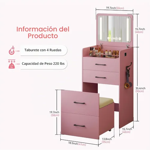 Vista 9 de HNEBC - Escritorio de tocador 3 en 1 con espejo LED con tapa abatible para dormitorio, color rosa