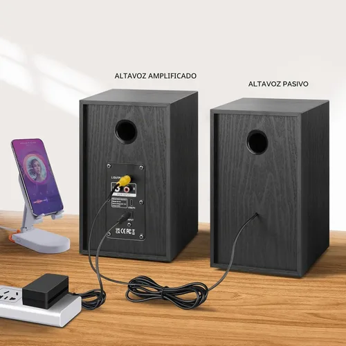 Vista 2 de Elimavi Powered Bluetooth Bookshelf Speakers, 4" Carbon Fiber Woofer, Black Negro