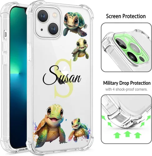 Vista 3 de Nombre personalizado e inicial – Cute Turtle - Funda transparente para iPhone 16 Pro Max 15 14 13 12 11 Xs Max Xr SE3 8 7 6 Plus 11 Pro Mini