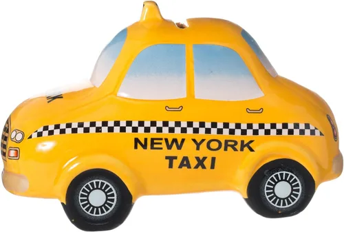 Vista 2 de Hucha de cerámica para taxi de la ciudad de Nueva York, con licencia oficial, diseño amarillo y a cuadros, 6 pulgadas de largo x 3.5 pulgadas