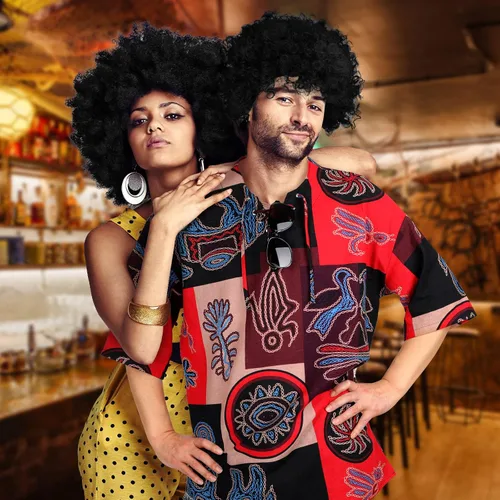 Vista 5 de Conjunto de 4 piezas de disfraz hippie para hombre, camisa étnica, peluca afro funk, collar dorado para hombre, lentes de sol para fiesta de cosplay