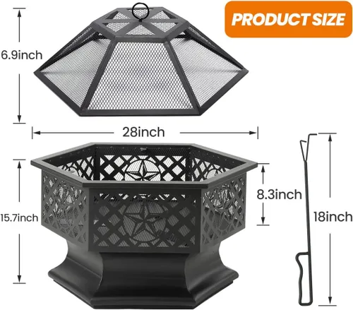 Vista 5 de Panovue Fogata Hexagonal de 28 Pulgadas, Fogatas de Leña para Exteriores con Pantalla Contra Chispas y Atizador, Fogata Hexagonal de Metal