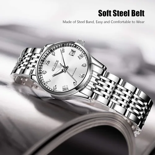 Vista 3 de RORIOS Reloj automático para mujer, reloj mecánico automático, con banda de acero inoxidable, calendario, reloj de mujer, luminoso, para mujer