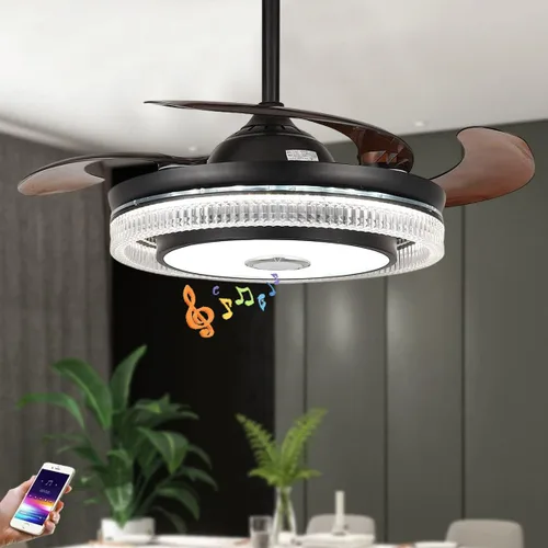 Vista 8 de Modernos ventiladores de techo de cristal de 42 pulgadas con luces y control remoto 7 colores regulables/Bluetooth/rotación bidireccional - Negro 3