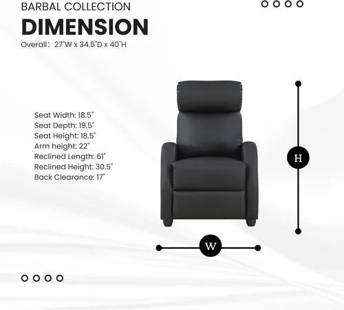 Vista 3 de Lexicon Barbal - Silla reclinable de piel sintética de 27 pulgadas de ancho, color negro