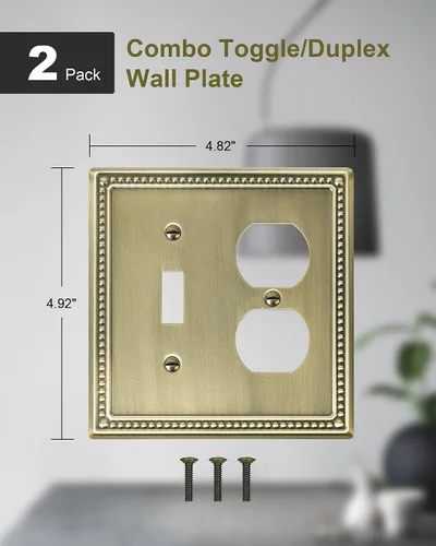 Vista 2 de Paquete de 2 Placas de Cubierta Combinadas para Interruptor de Palanca/Dúplex, Placa de Cubierta de Enchufe de Pared de Metal de Latón Antiguo