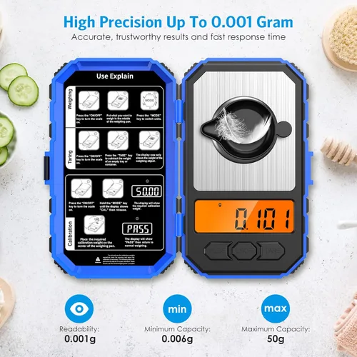 Vista 2 de AMIR Báscula digital de miligramo de 1.76 oz/0.00 oz, báscula portátil de joyería, báscula electrónica de bolsillo de alta precisión, LCD