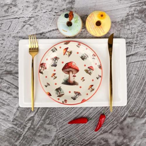 Vista 4 de 50 platos de papel desechables, 7 pulgadas, platos de postre de hongos rojos para primavera y verano, bosque, salvaje, vibrante, setas, decoraciones