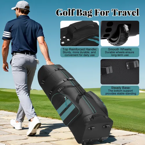 Vista 4 de Bolsa de viaje de golf con ruedas, al aire libre resistente 900D poliéster impermeable bolsas de golf de viaje, bolsas de viaje de golf