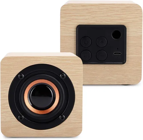 Vista 7 de Altavoz Bluetooth retro, altavoz portátil de madera amarillo alimentado por USB con sonido HD y graves ricos para computadora PC
