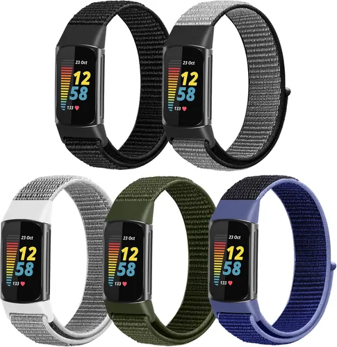Vista 11 de Correas de reloj de nailon compatibles con Fitbit Charge 6/Charge 5, paquete de 5 correas de repuesto ajustables suaves y transpirables para Charge