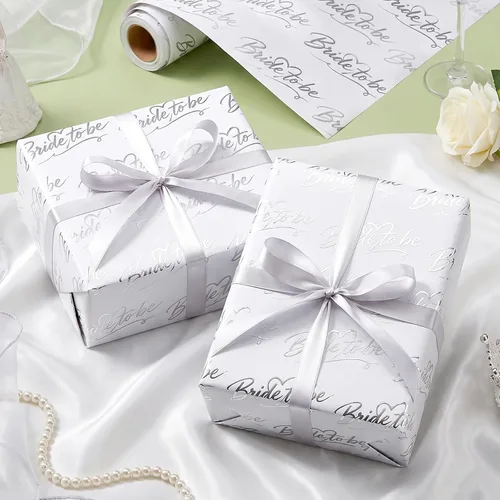 Vista 2 de RUSPEPA Rollo de Papel de Regalo de Boda, Mini Rollo, Elegante Diseño de Texto "Bride to Be" y Corazón, Papel de Regalo de Lámina Plateada