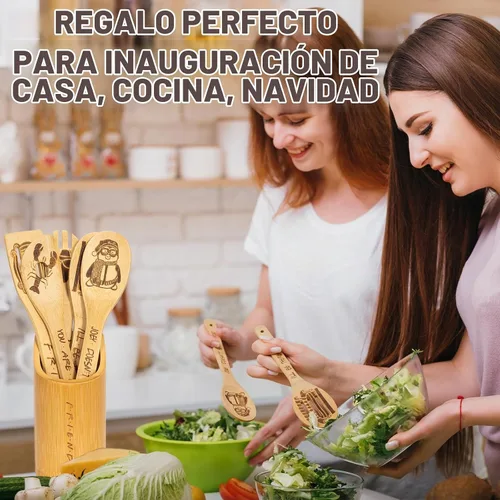 Vista 7 de Friends - Cucharas de madera para cocinar, juego de utensilios de cocina de 6 piezas con soporte, regalos para fanáticos, productos de programas