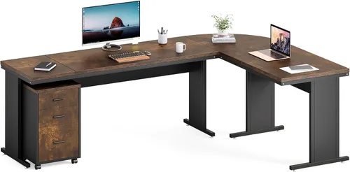 Vista 11 de LITTLE TREE Escritorio ejecutivo grande de 82.67 pulgadas de largo en forma de L para computadora con archivador móvil de 3 cajones, mueble