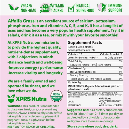 Vista 7 de XPRS Nutra Polvo de alfalfa orgánica Suplemento de alfalfa vegana premium rico en calcio, antioxidantes, vitaminas, suplemento de alfalfa