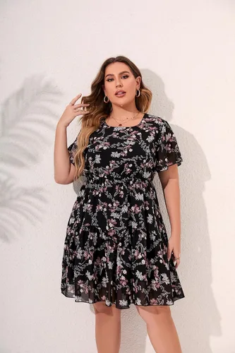 Vista 4 de HBEYYTO Vestido de playa bohemio con estampado floral para mujer, talla grande, casual, manga con volantes, cintura elástica, vestido de gasa