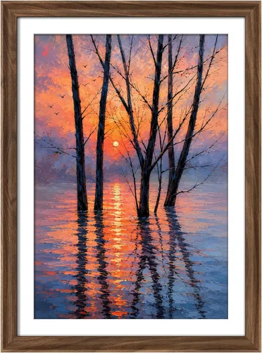 Vista 240 de MUDECOR Lienzo enmarcado prémium para pared, pinos nevados en bosque de invierno, ilustraciones modernas, arte contemporáneo, escénico, divertido