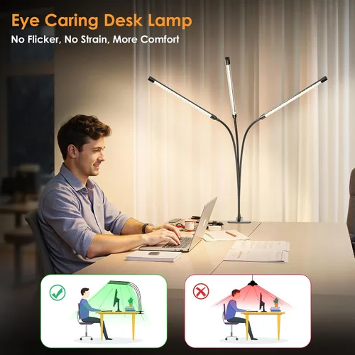 Vista 6 de ShineTech Lámpara de escritorio LED con abrazadera, iluminación ultra ancha de 3 cabezales, 4 modos de color, lámpara de trabajo de cuello de cisne
