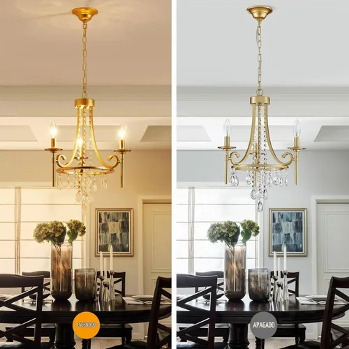Vista 4 de WUZUPS Candelabro de Velas Colgante de 3 Luces, Lámpara de Techo Moderna, Accesorio de Iluminación para Dormitorio, Pasillo, Bar, Cocina, Comedor Oro