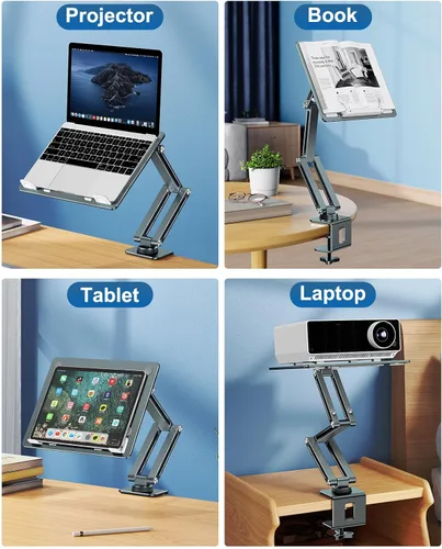 Vista 5 de Soporte para computadora portátil para escritorio, soporte de brazo para tableta con rotación de 360°, bandeja de aluminio ajustable para laptop