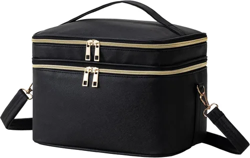 Vista 9 de HBlife Bolsa de maquillaje de viaje de doble capa, portátil, bonita bolsa de cosméticos de cuero, bolsa de maquillaje grande, estuche organizador