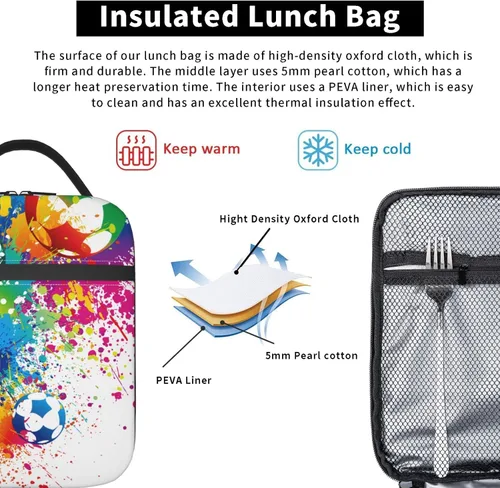 Vista 5 de Bolsa de almuerzo colorida con pelota de fútbol para niños y niñas, lonchera reutilizable de fútbol con aislamiento, bolsa de almuerzo portátil