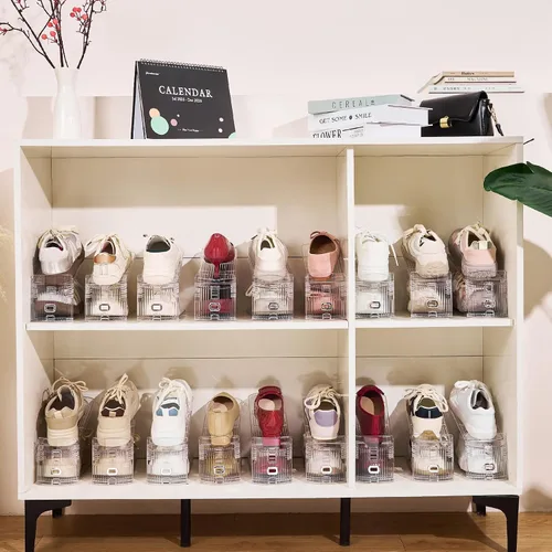 Vista 7 de Organizador de ranuras ajustables para zapatos, paquete de 10 unidades de apiladores de zapatos transparentes, soporte para zapatos, ahorrador