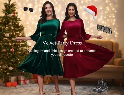 Vista 5 de HomRain Women's Velvet Dress Long Sleeve Velvet Wedding Guest Dress Velvet Dresse for Women Cocktail Evening Party