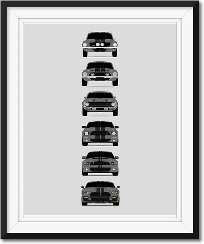 Vista 13 de Custom Car Posters Póster hecho a mano compatible con Shelby Mustang GT500 Generations e impresión de Ford Shelby GT500, azul con rayas blancas