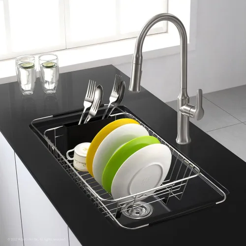 Vista 4 de SANNO - Estante extensible para secar platos sobre el fregadero y brazos ajustables para platos, estante de platos en el fregadero o en el mostrador