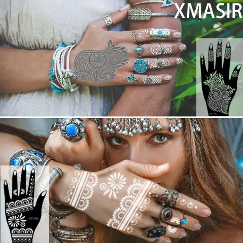 Vista 5 de XMASIR 20 hojas de plantillas de tatuaje de henna para mano, plantillas temporales de tatuaje de aerógrafo, calcomanías de tatuaje árabe, plantillas